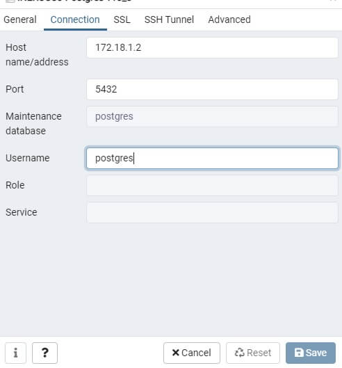 Vista de PGAdmin de la conexión a una base de datos de PostgreSQL con un usuario distinto